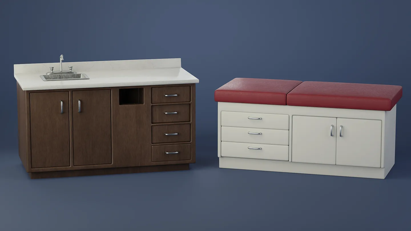 Medical examination table shown with clinic cupboards and counters.