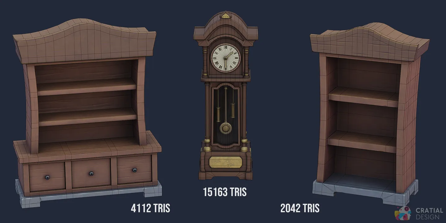 Fantasy bookcases and grandfather clock shown with wireframe topology.