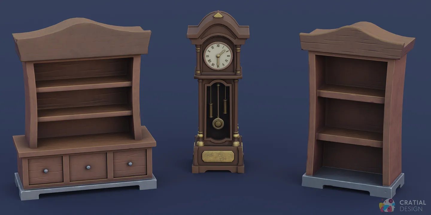 Stylized fantasy bookcases, lectern, and grandfather clock.