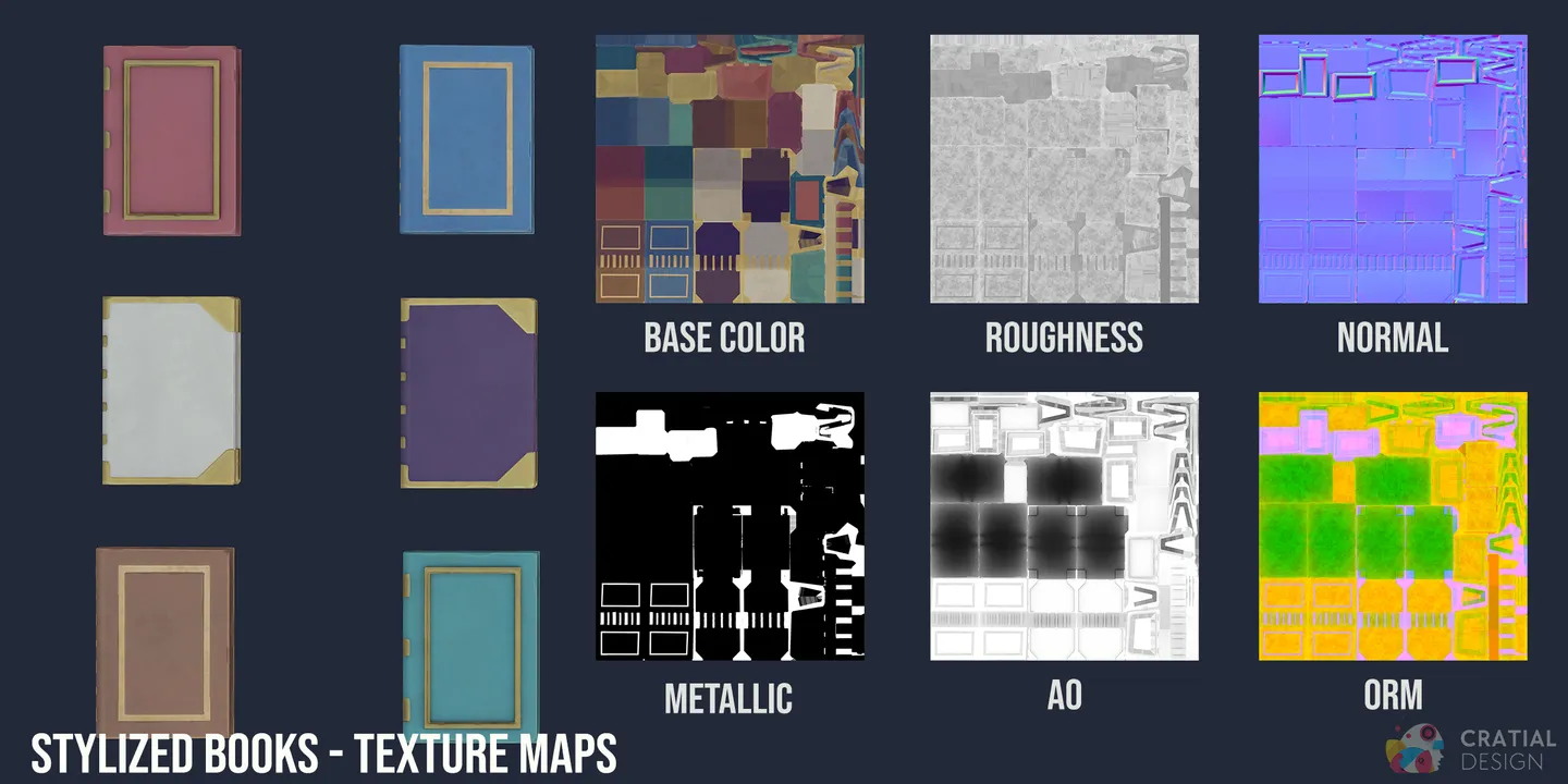Stylized fantasy books shown beside labeled PBR texture maps.