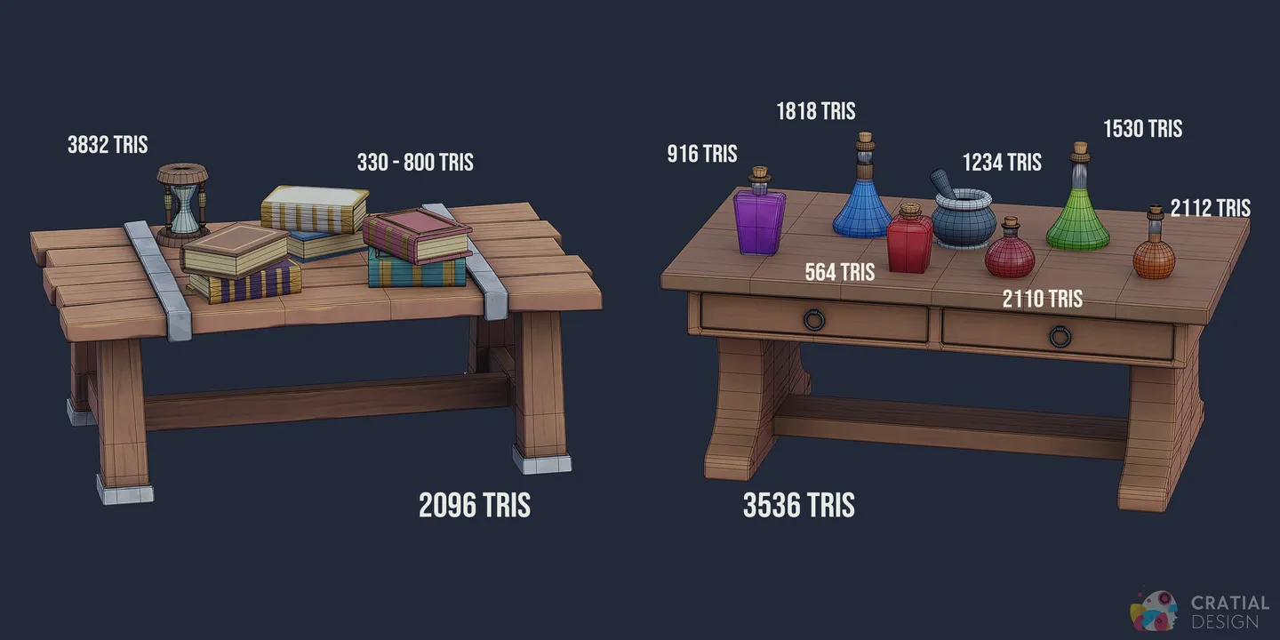 Fantasy books, potion bottles, and tables shown with wireframe topology.