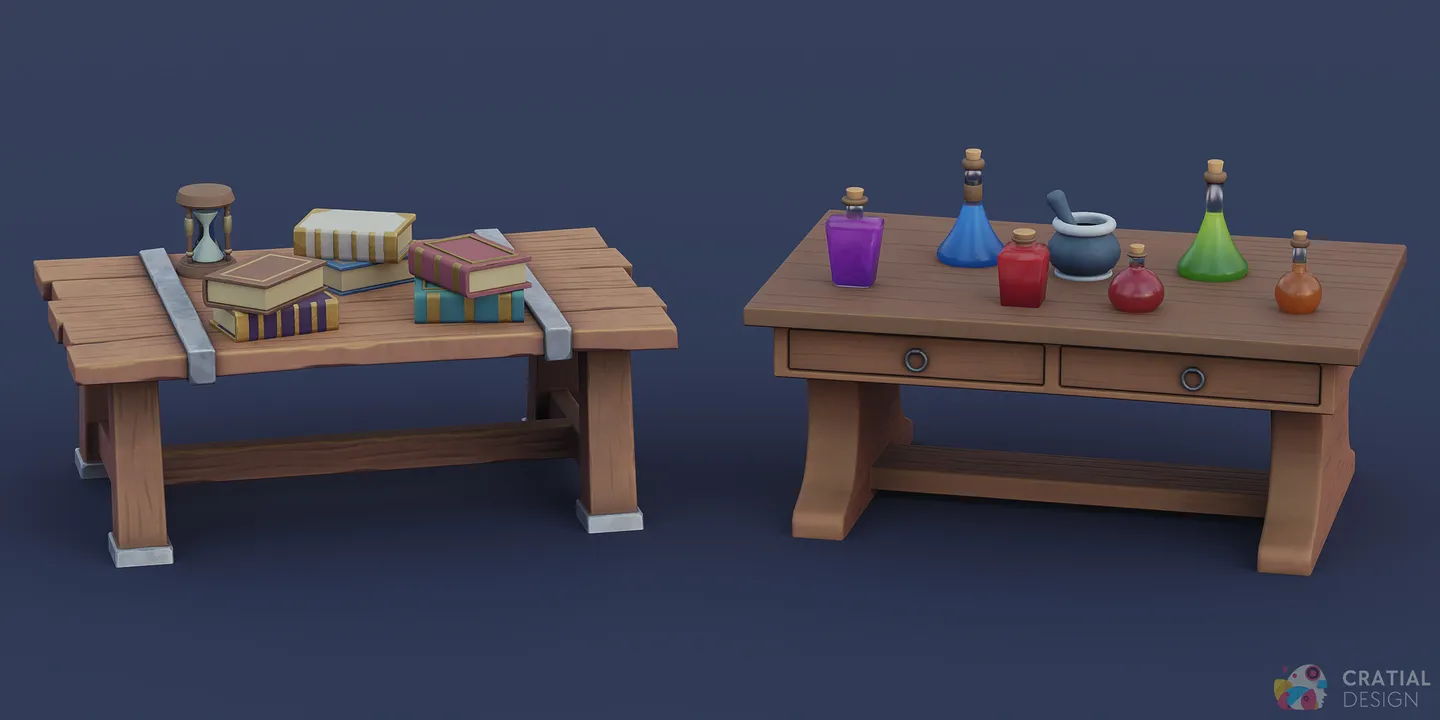 Stylized books and potion bottles arranged across wooden fantasy tables.