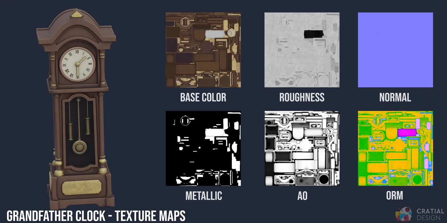Stylized grandfather clock shown beside labeled PBR texture maps.