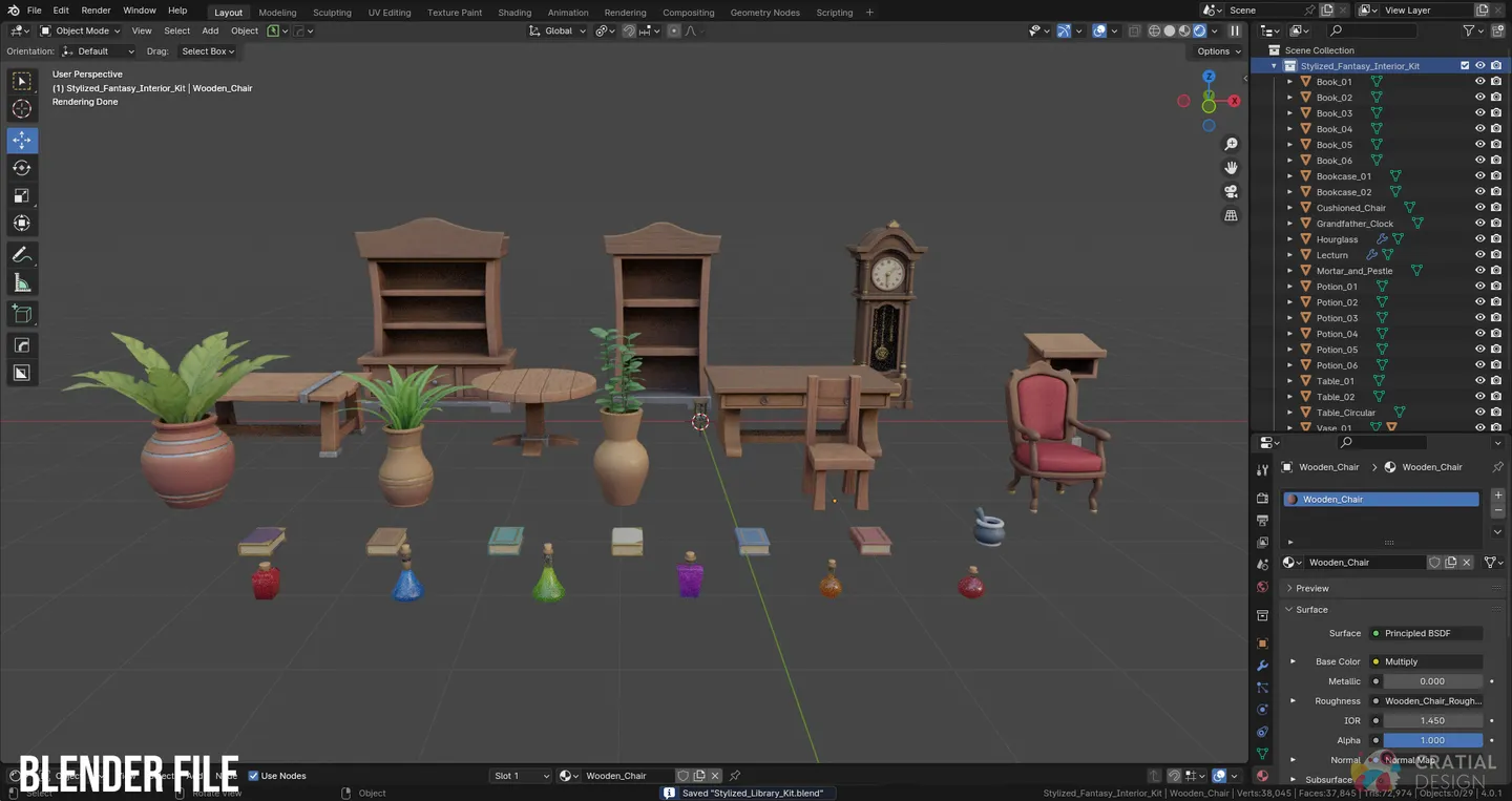 Blender interface showing the complete fantasy interior prop set.
