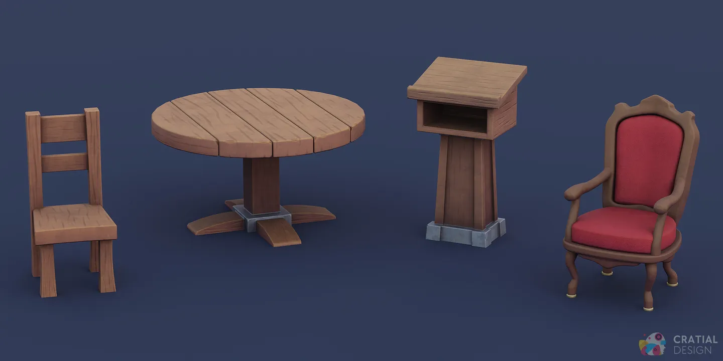 Stylized round and rectangular fantasy tables with wooden and cushioned chairs.