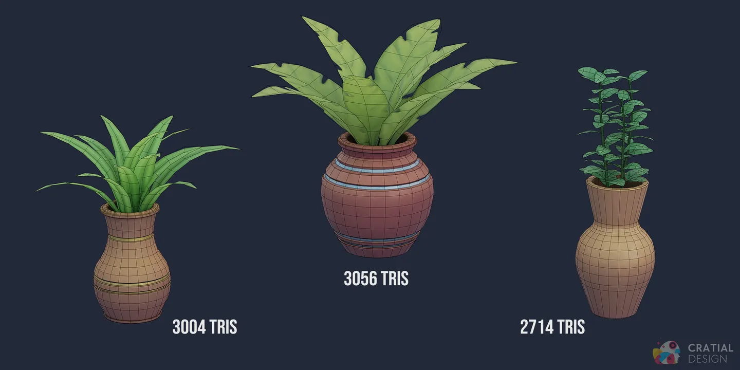 Fantasy vases and plants shown with wireframe topology.