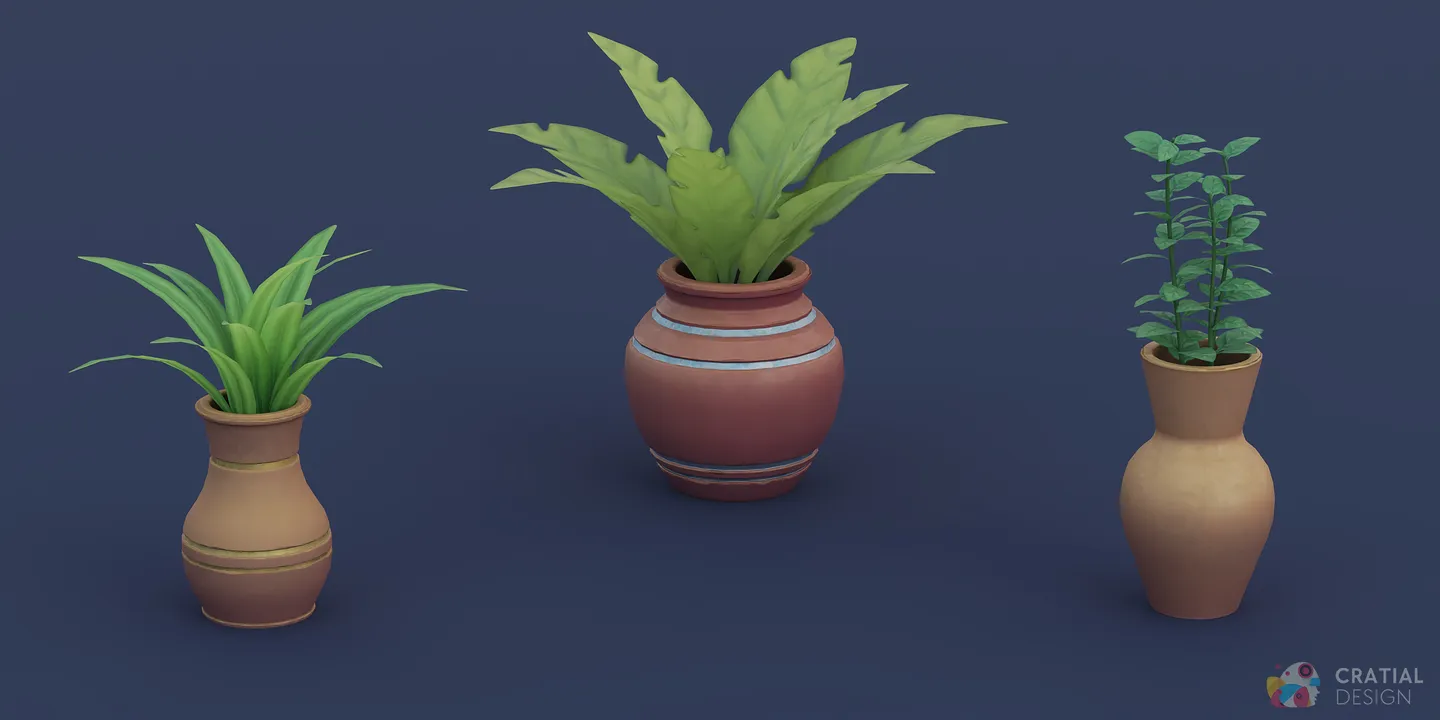 Three stylized planted vases for fantasy interiors.