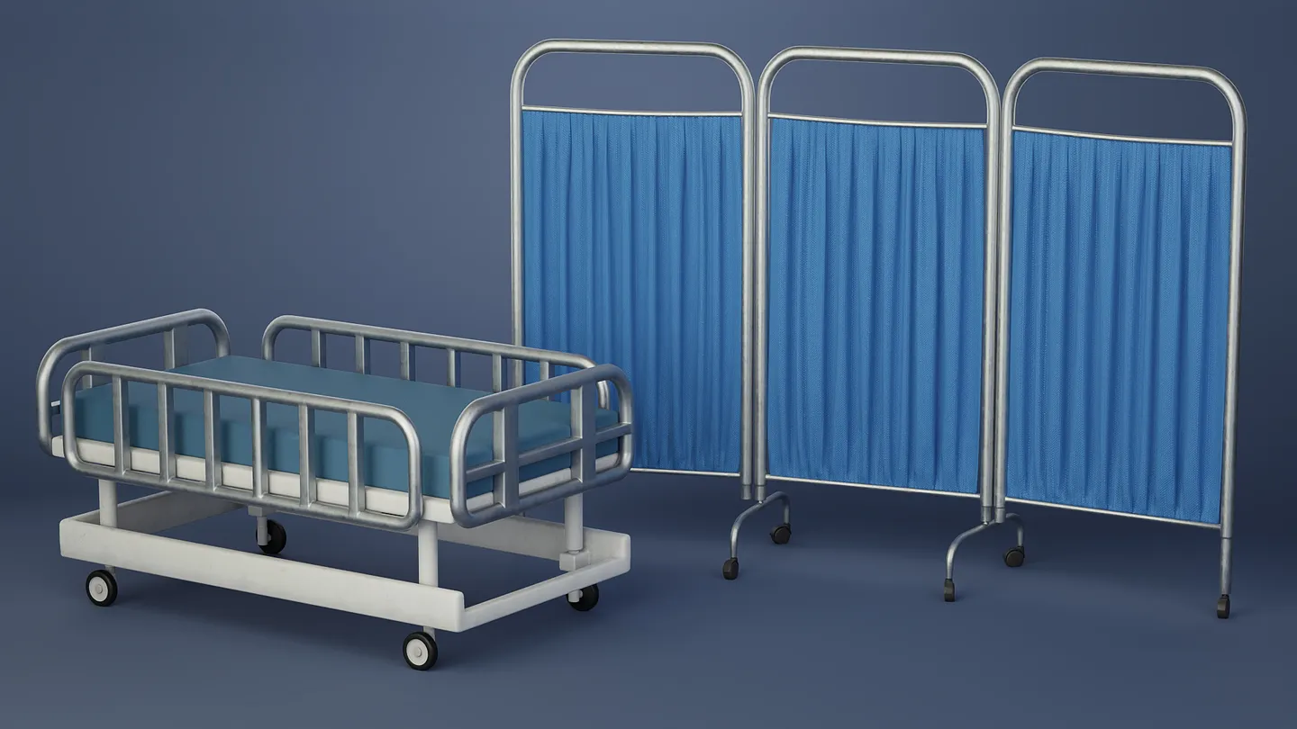Stylized hospital gurney displayed beside a three-panel blue privacy curtain.