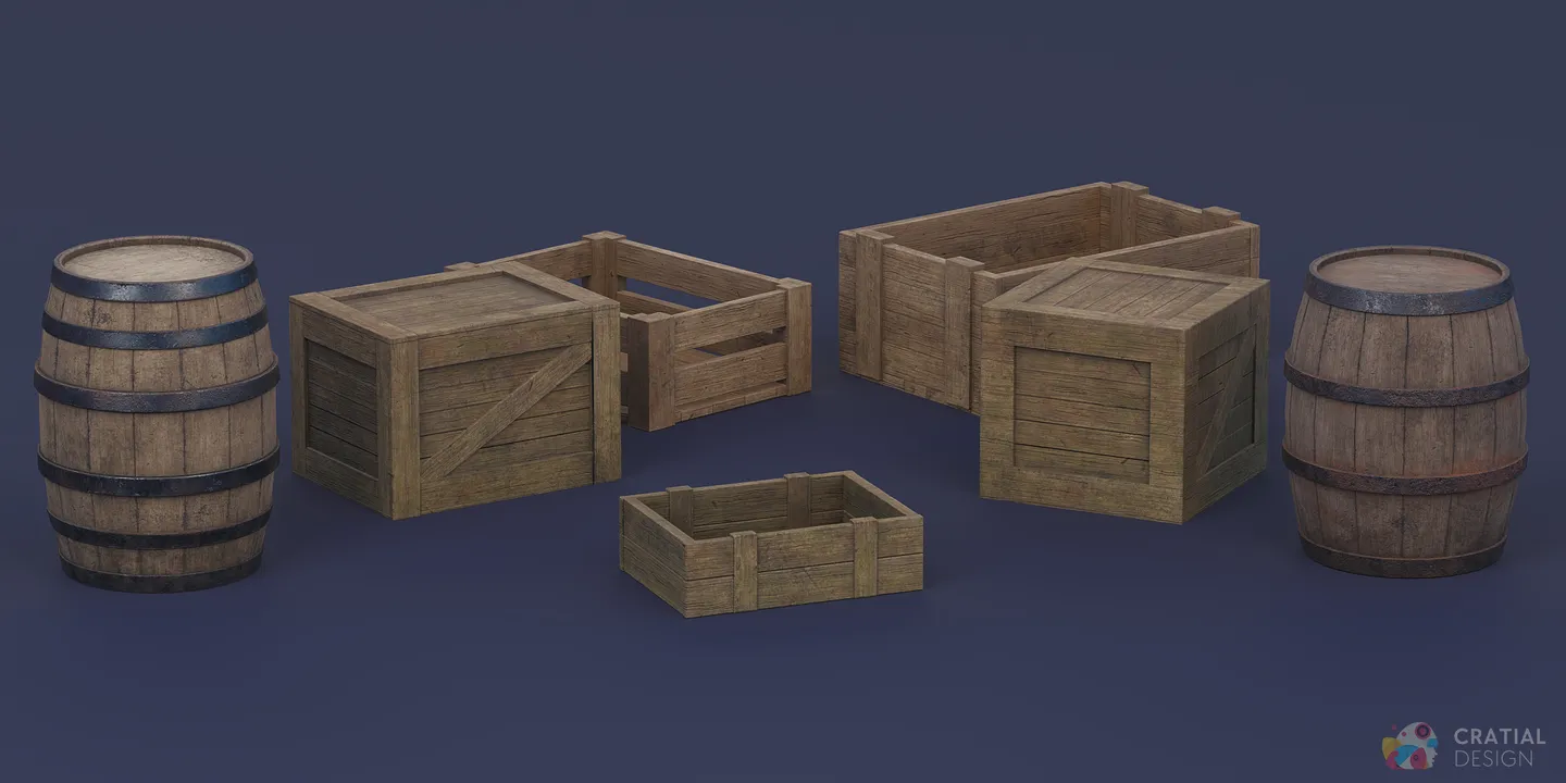 Stylized wooden crates and barrels from the Traditional Japanese asset pack.