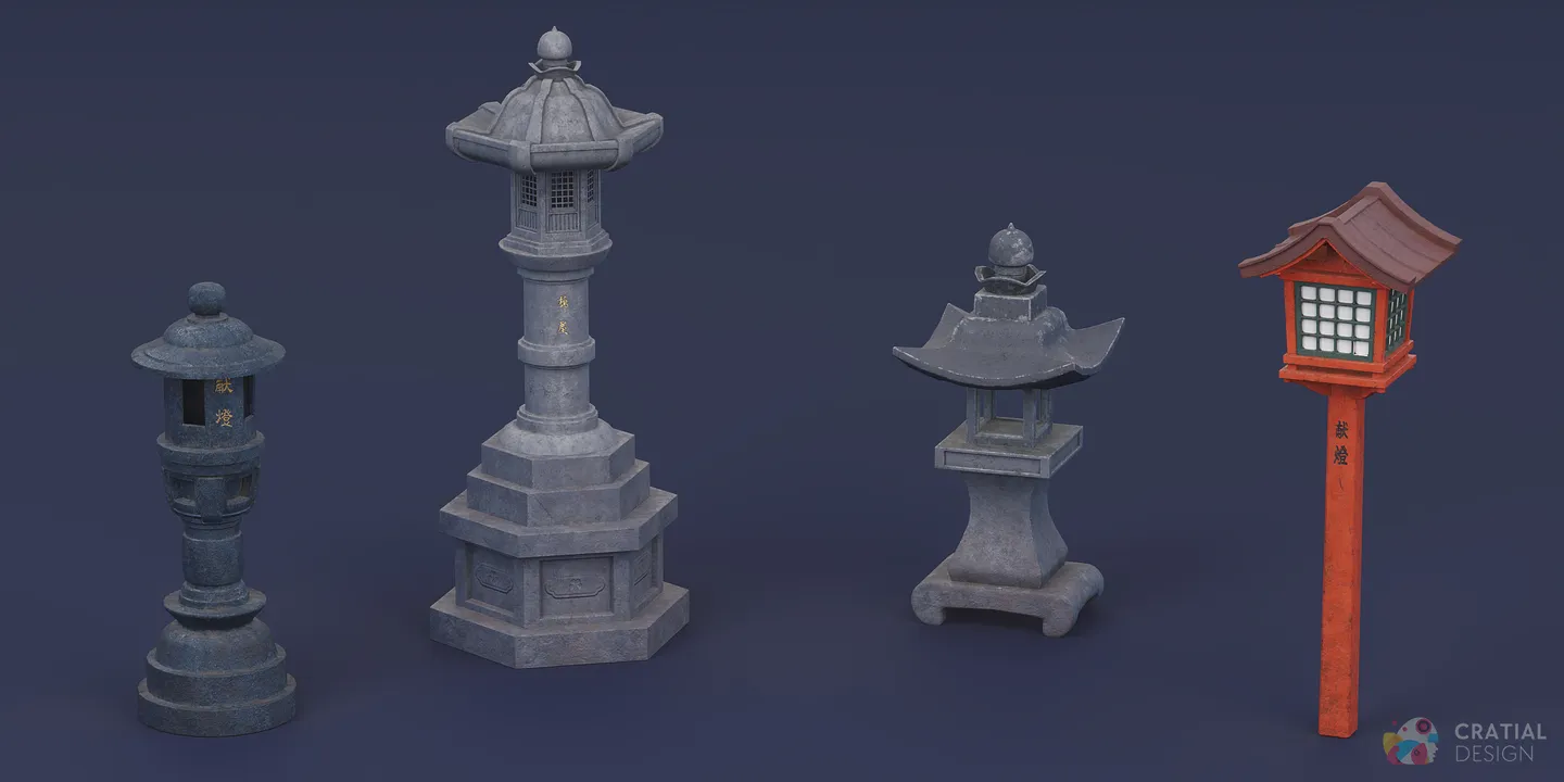 Traditional crates displayed with three stylized Japanese stone lanterns.