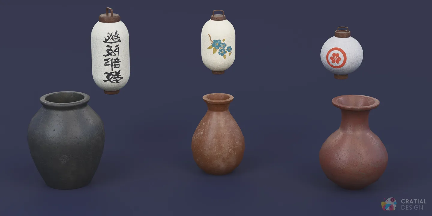 Three stylized traditional Japanese paper lantern variations.