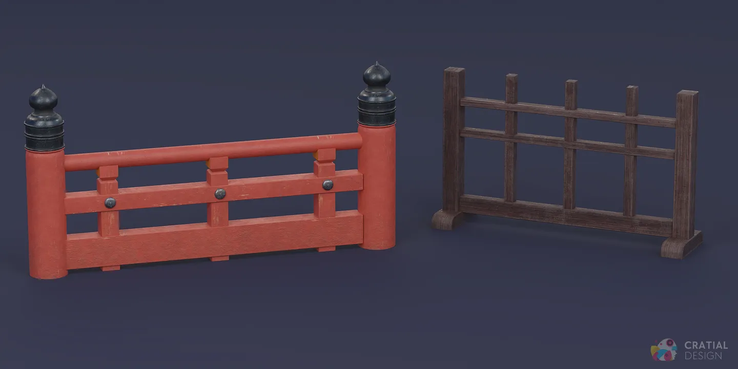 Stylized wooden and red shrine fence pieces with posts and gates.