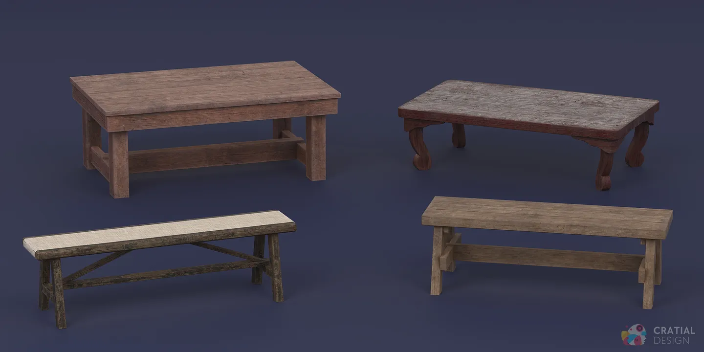 Stylized traditional wooden tables and benches.