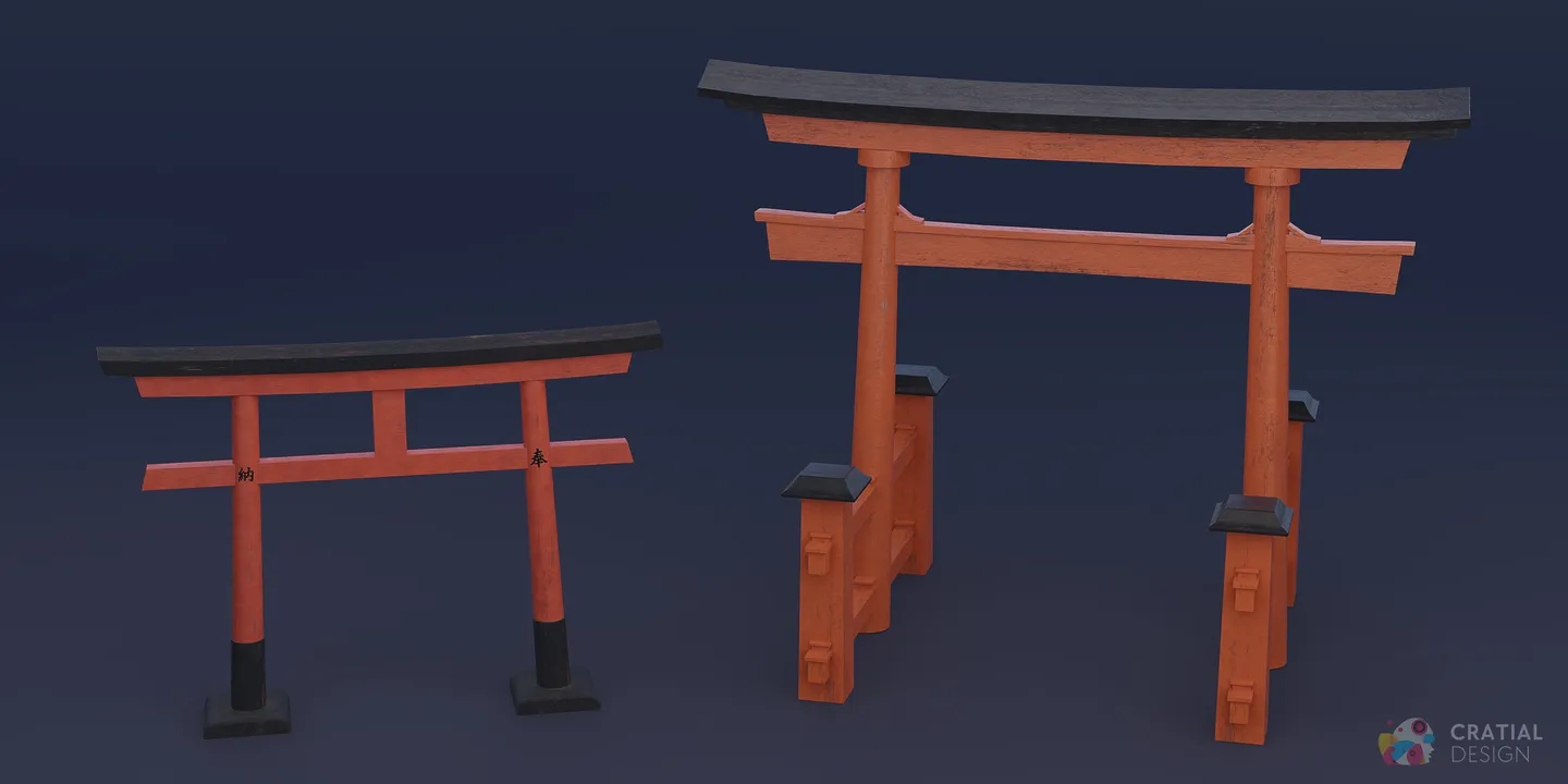 Two red stylized Japanese torii gate variations.