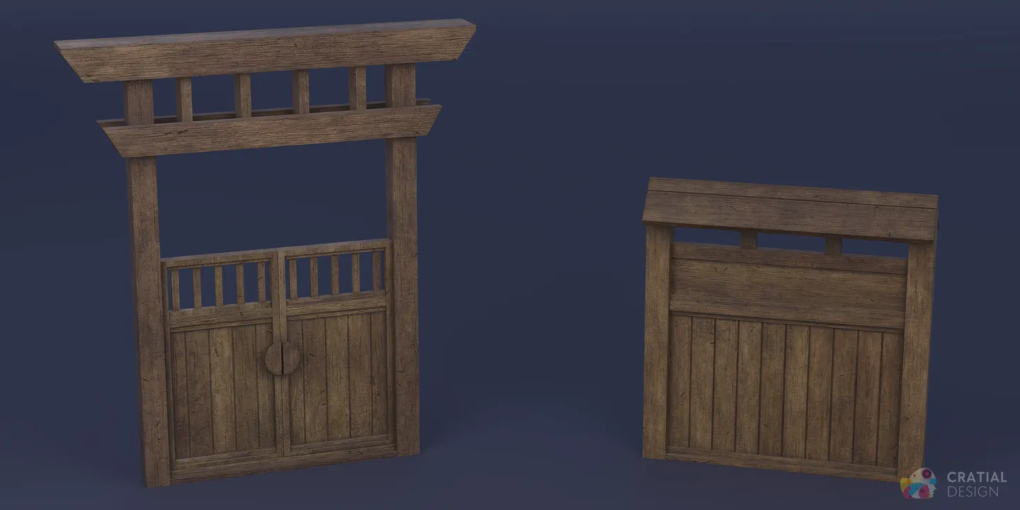 Traditional wooden garden fence sections, posts, and gate pieces.