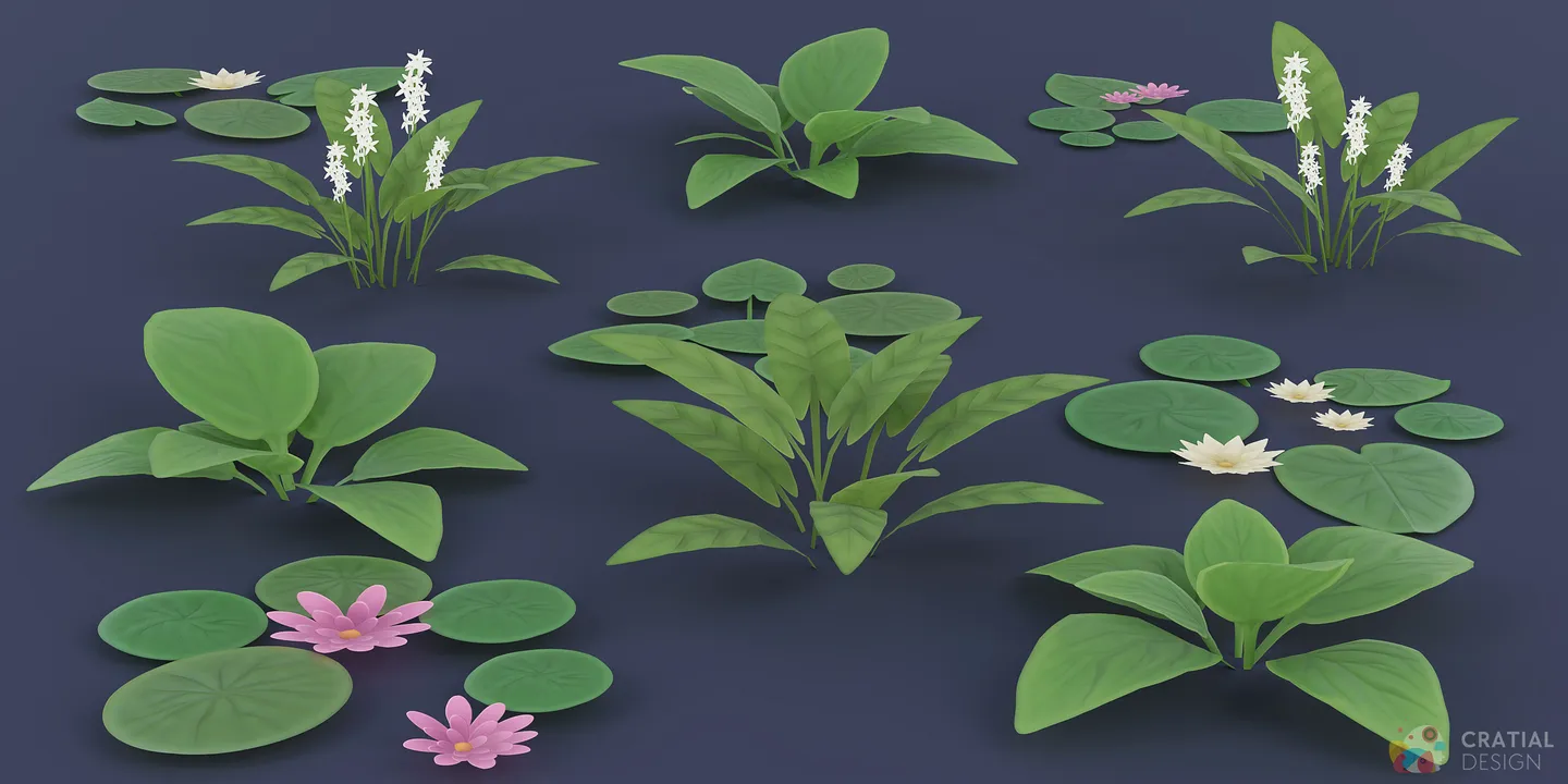 Stylized lily pad and water lily variations with additional wetland shrubs.