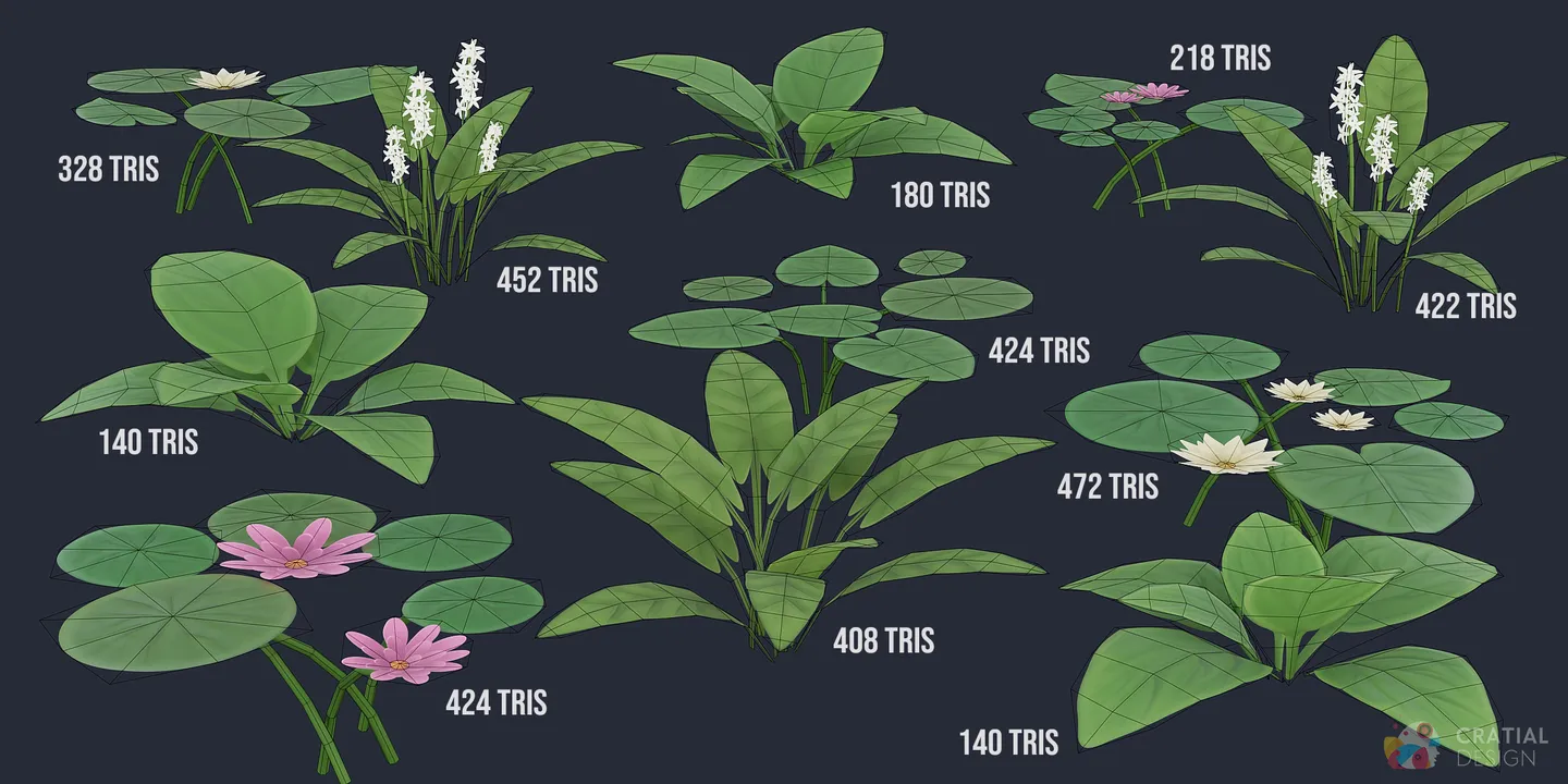 Lily pads, water lilies, and wetland shrubs shown with wireframe topology overlays.