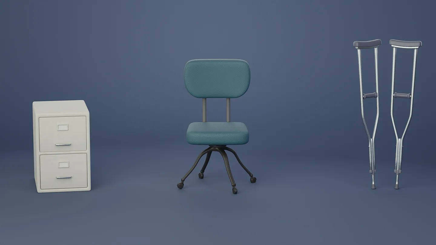Blue medical office chair displayed beside a pair of crutches.