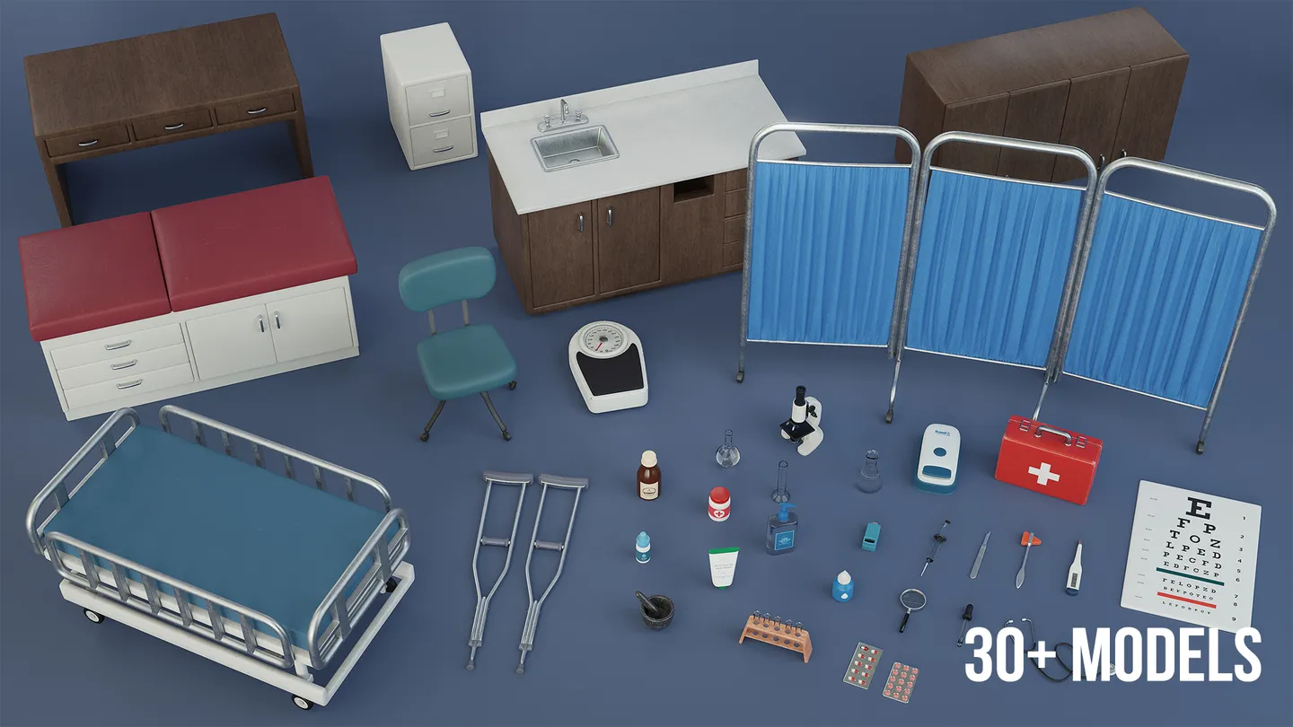 Overhead overview of medical furniture, a gurney, privacy curtain, laboratory equipment, medication, medical tools, and smaller clinical props.