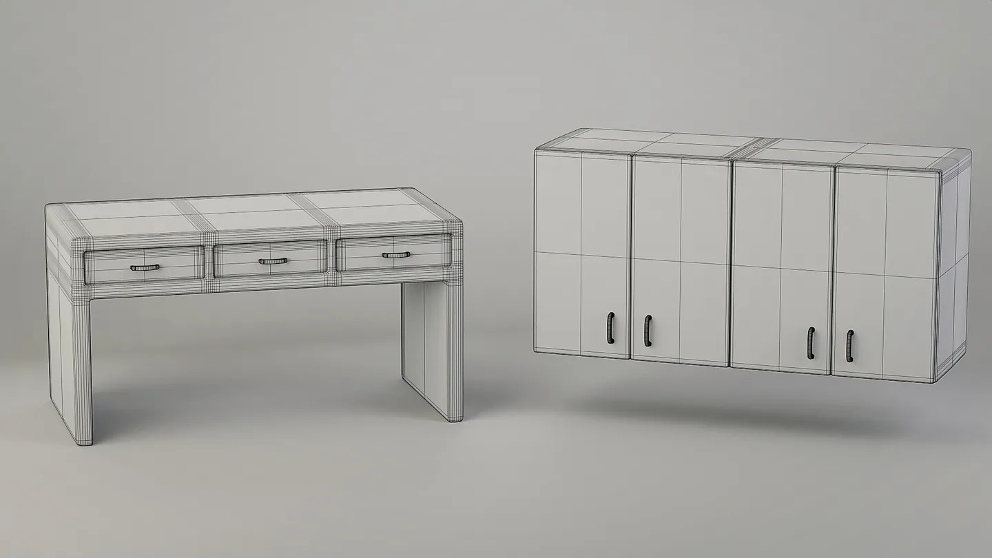 Wireframe topology view of the doctors' office desk and cupboard models.