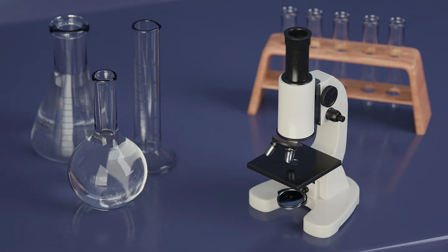 Stylized microscope model shown on a dark blue studio background.