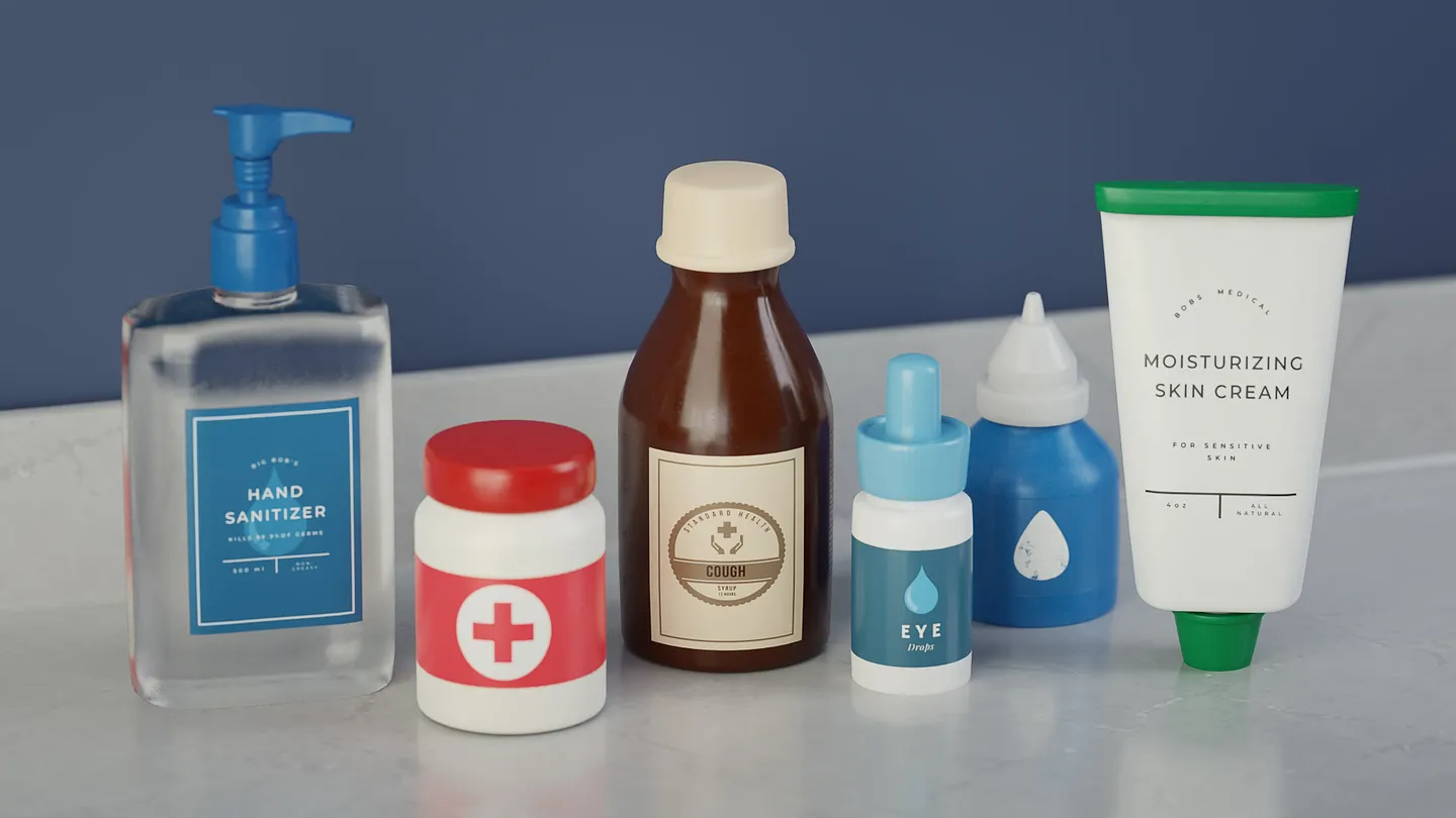 Hand sanitizer, pill bottle, cough syrup, eye drops, ointment, and soap bottle models.