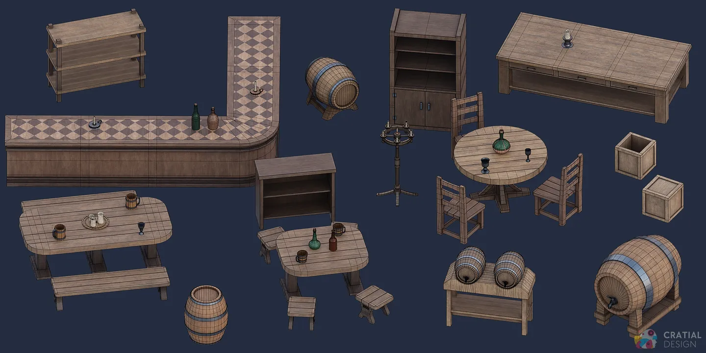 Complete medieval tavern asset collection shown with wireframe topology overlays.