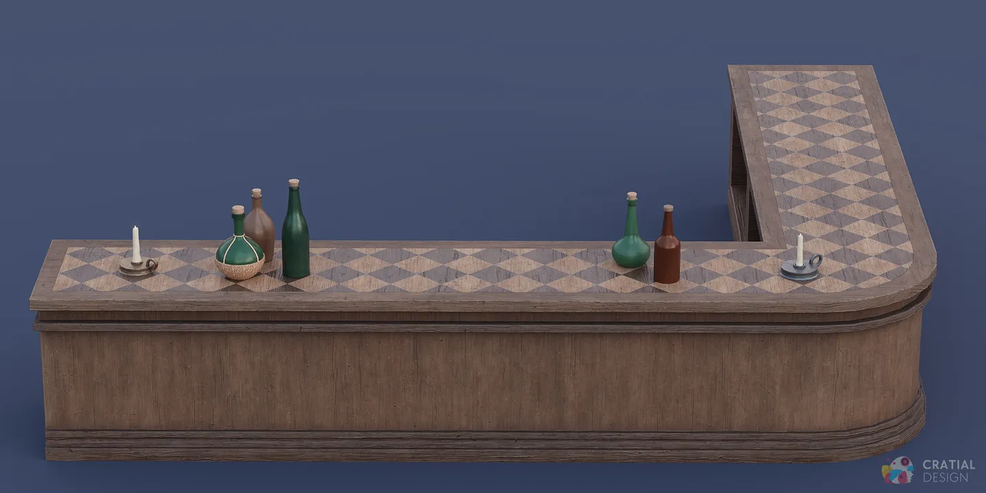 Full medieval tavern bar arranged with shelves and liquor bottles.