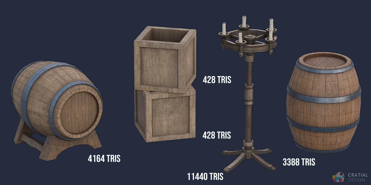 Medieval barrels and crates shown with wireframe topology overlays.