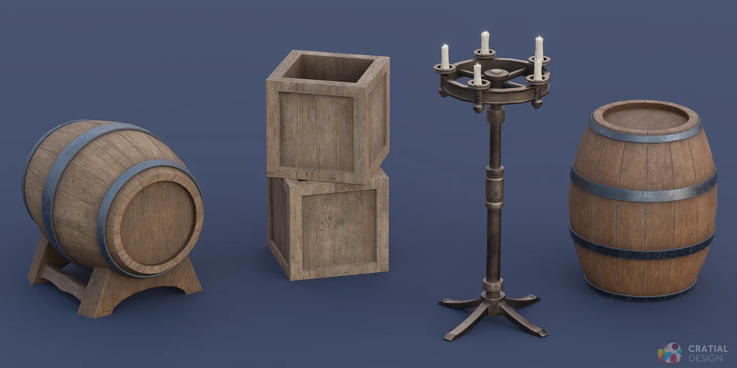Wooden barrels and crate variations arranged against a blue background.