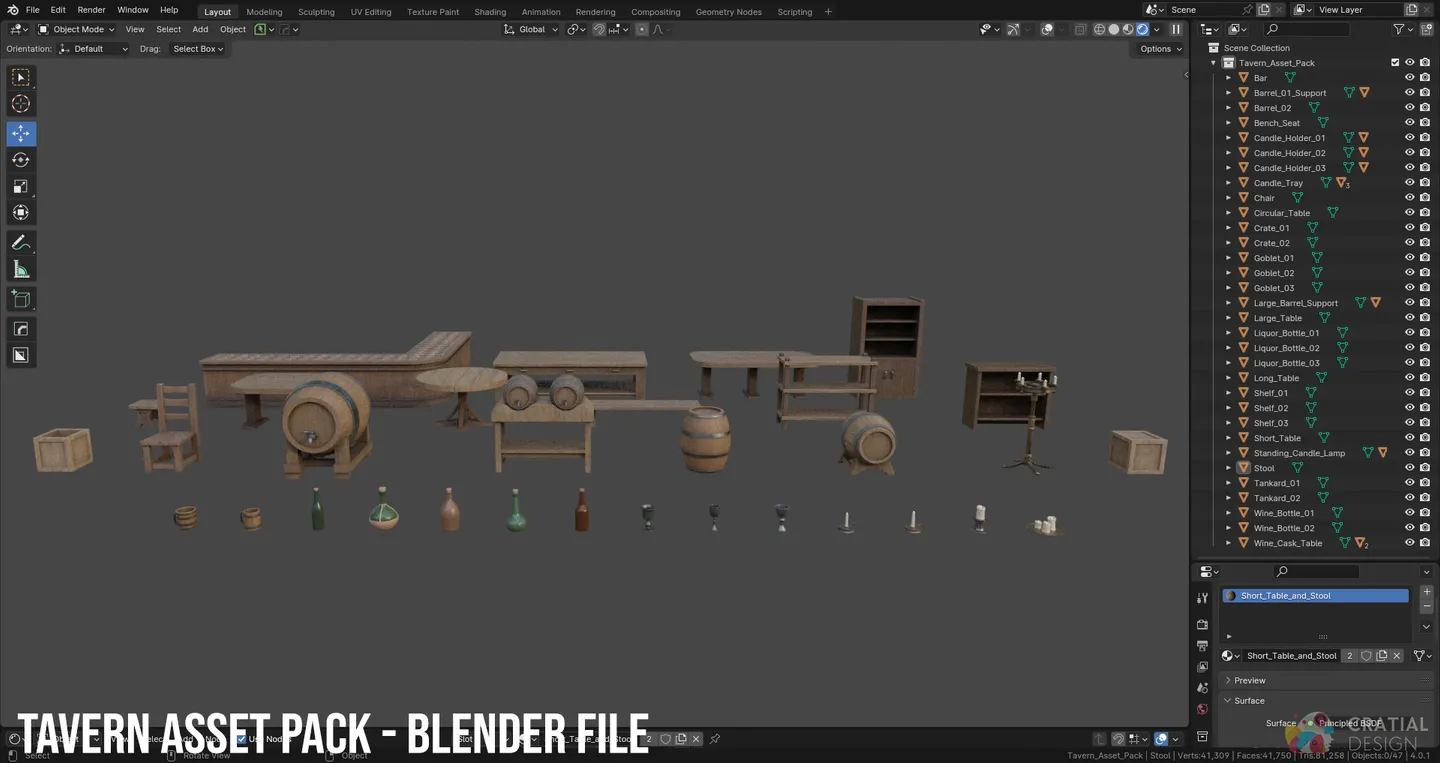 Blender interface showing the medieval tavern asset collection arranged in the included scene.
