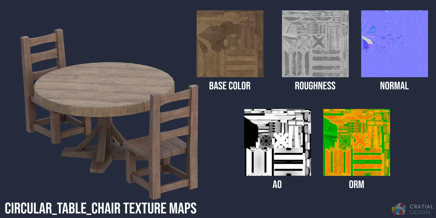 Medieval tavern table and chair shown beside labeled PBR texture maps.