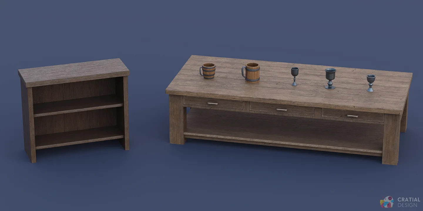 Large wooden pub table with bench seating, tankards, bottles, and goblets.