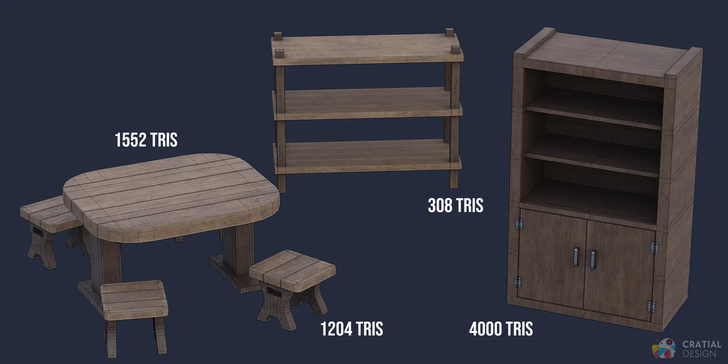 Wooden shelf and table variations for medieval tavern interiors.