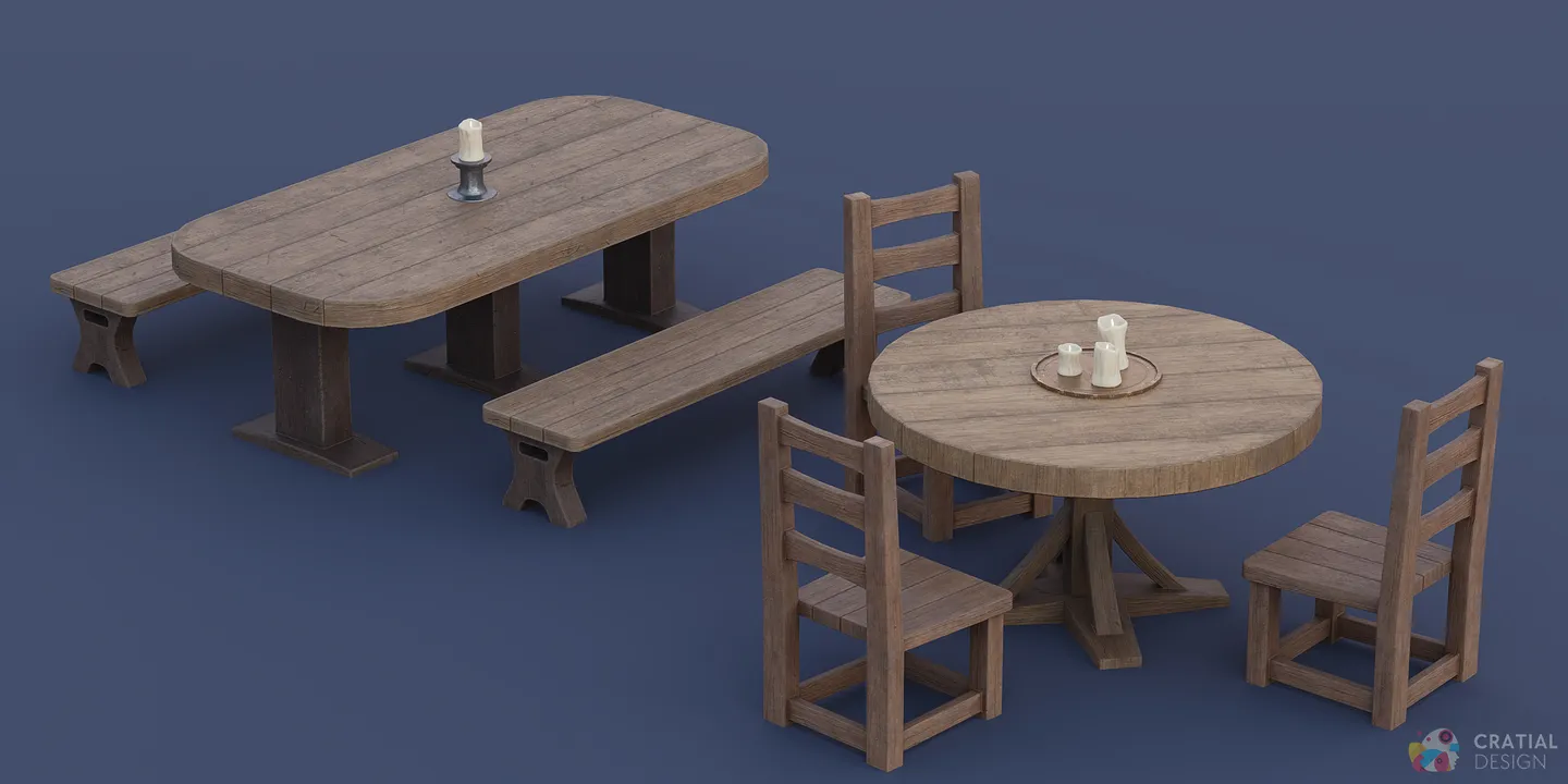 Circular table, pub tables, chair, bench, and stools arranged together.