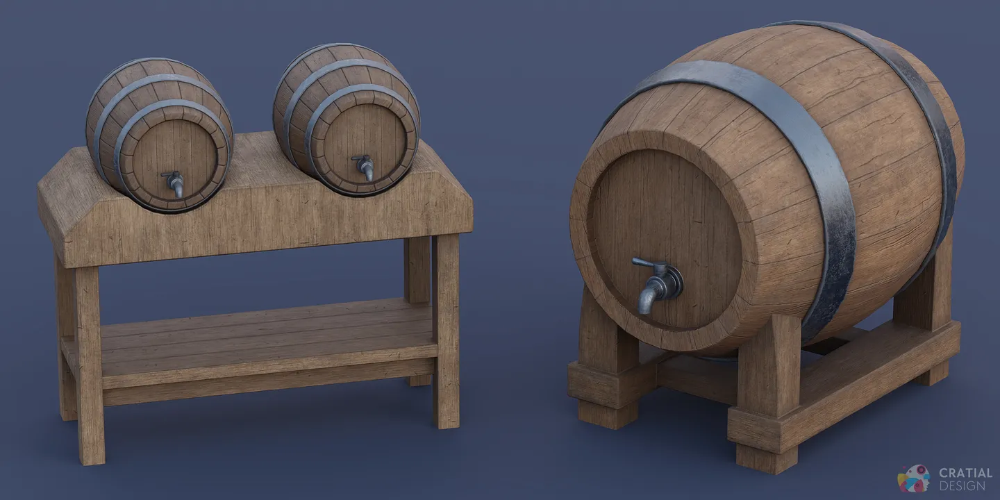 Large wine cask and double-cask table setup arranged together.