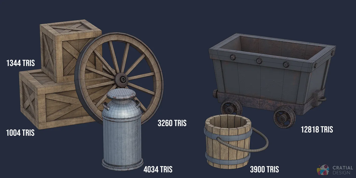 Mine cart and wooden crates shown with wireframe topology.