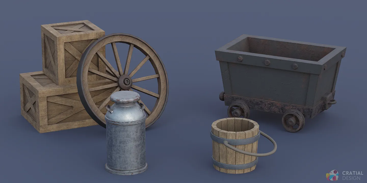Stylized mine cart displayed beside two wooden crates.
