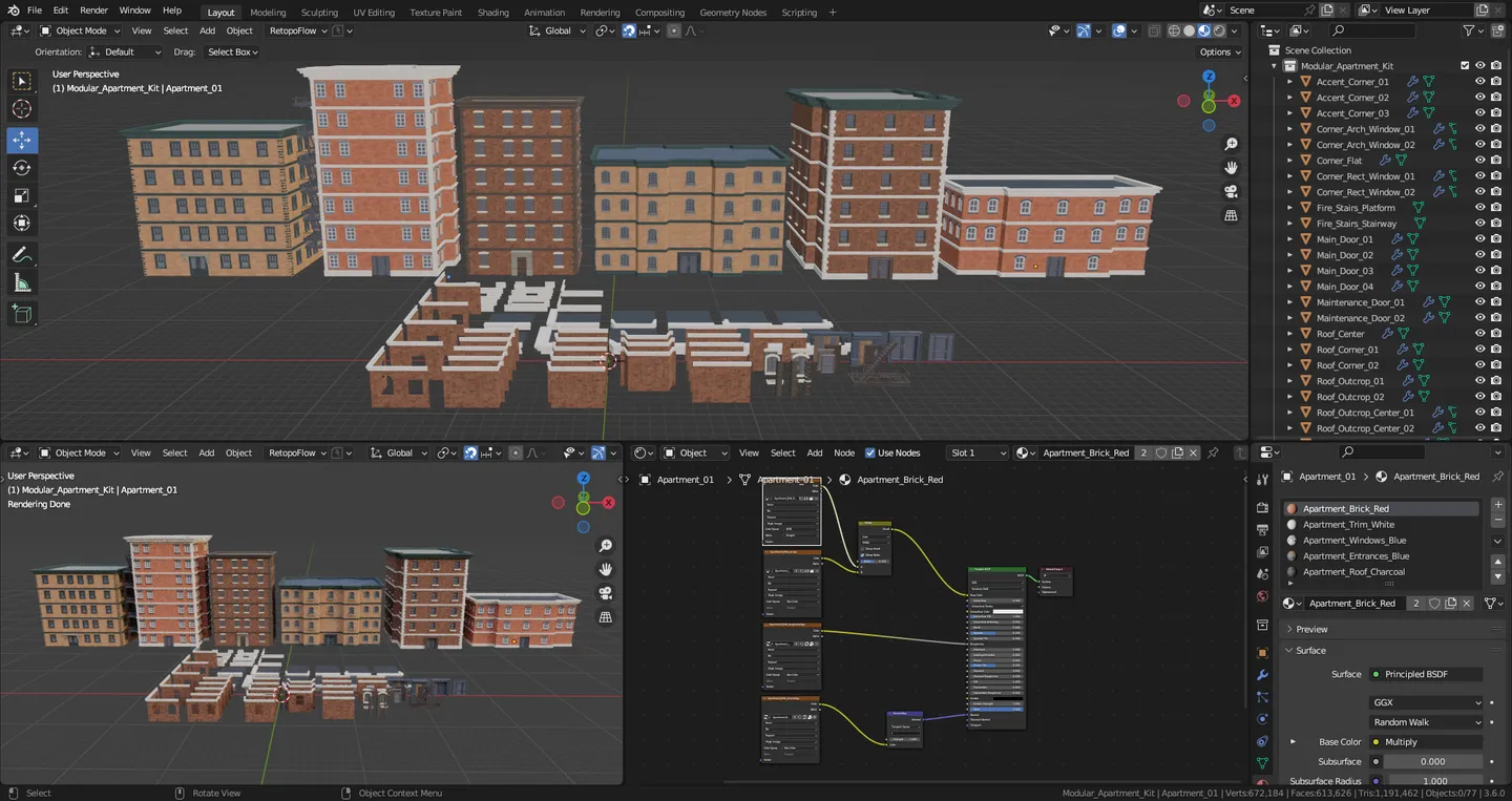 Blender interface showing the modular apartment pieces and building variations.