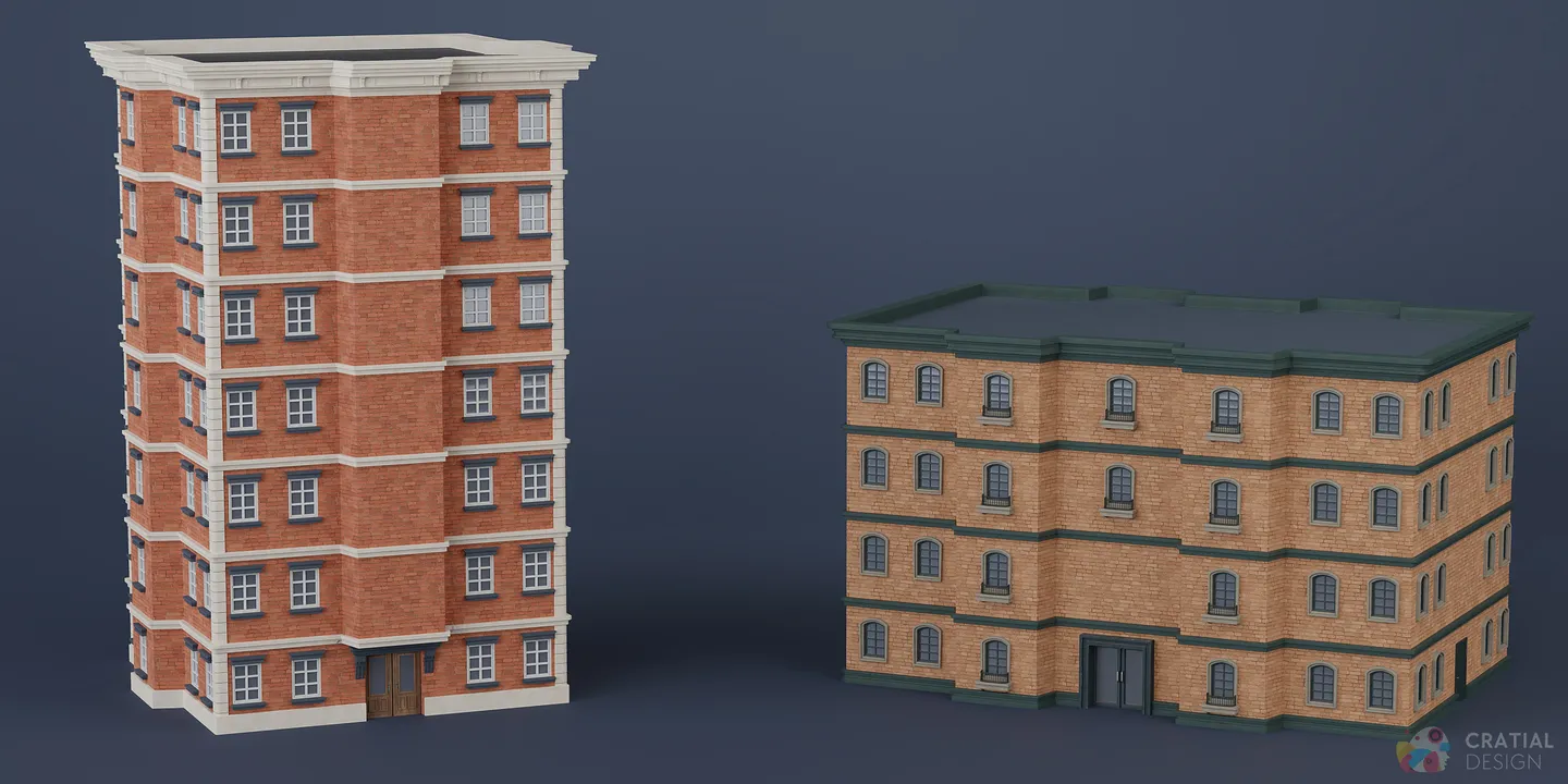 Several finished stylized brick apartment building variations.