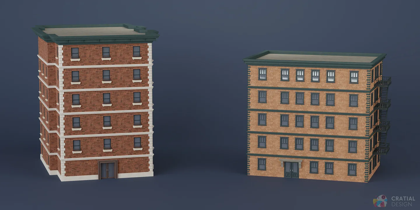 Stylized apartment facades with varied floors, windows, trim, and roof lines.