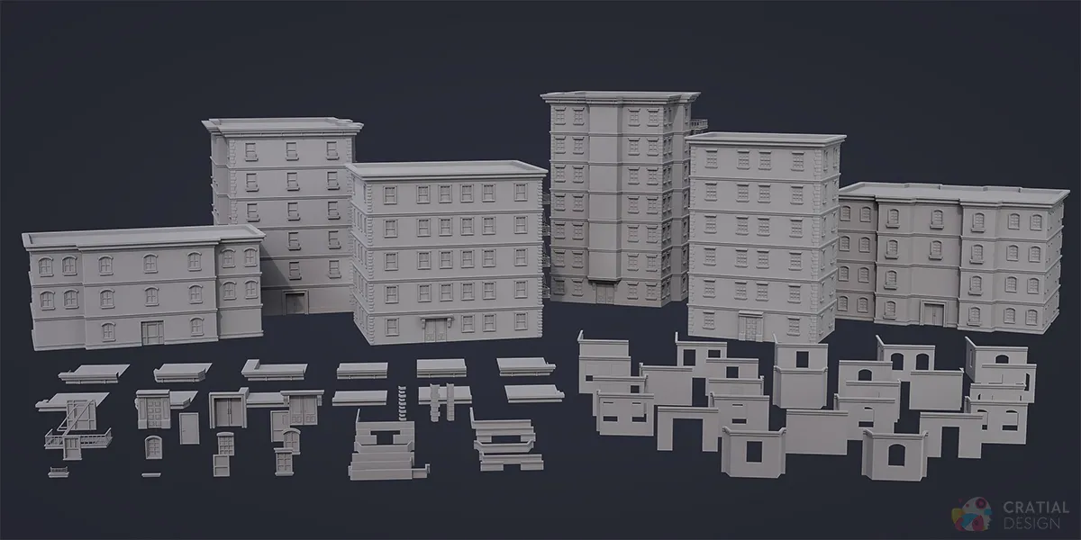Clay overview of the modular apartment walls, roofs, doors, windows, and finished buildings.