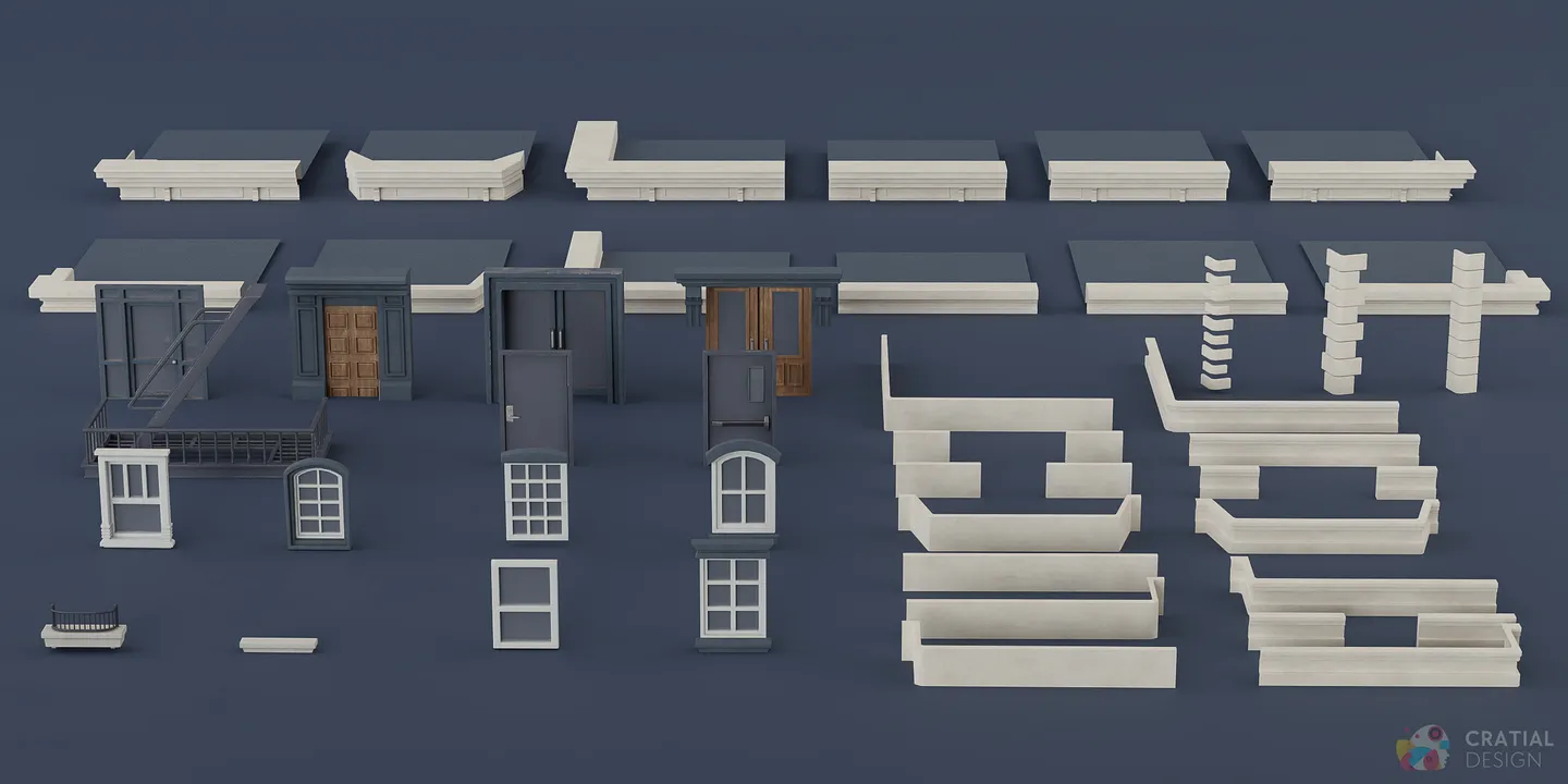 Apartment doors, windows, entrances, and trim shown with a blue color variation.