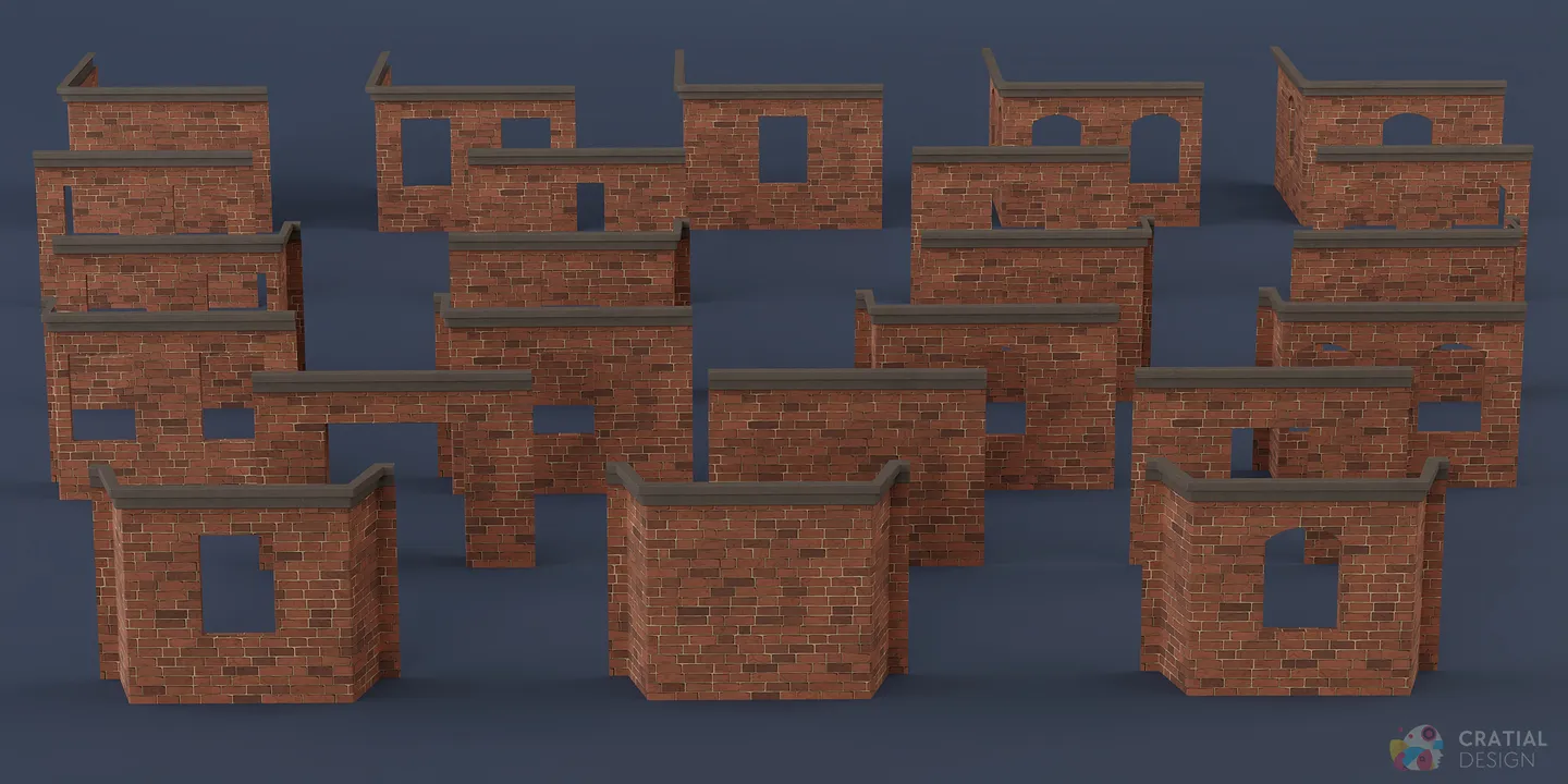 Modular apartment walls shown with a brown brick texture variation.