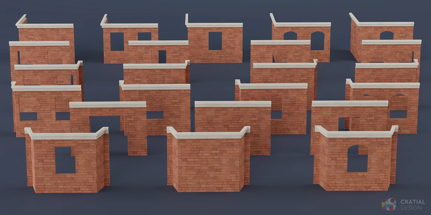 Modular apartment walls shown with a red brick texture variation.