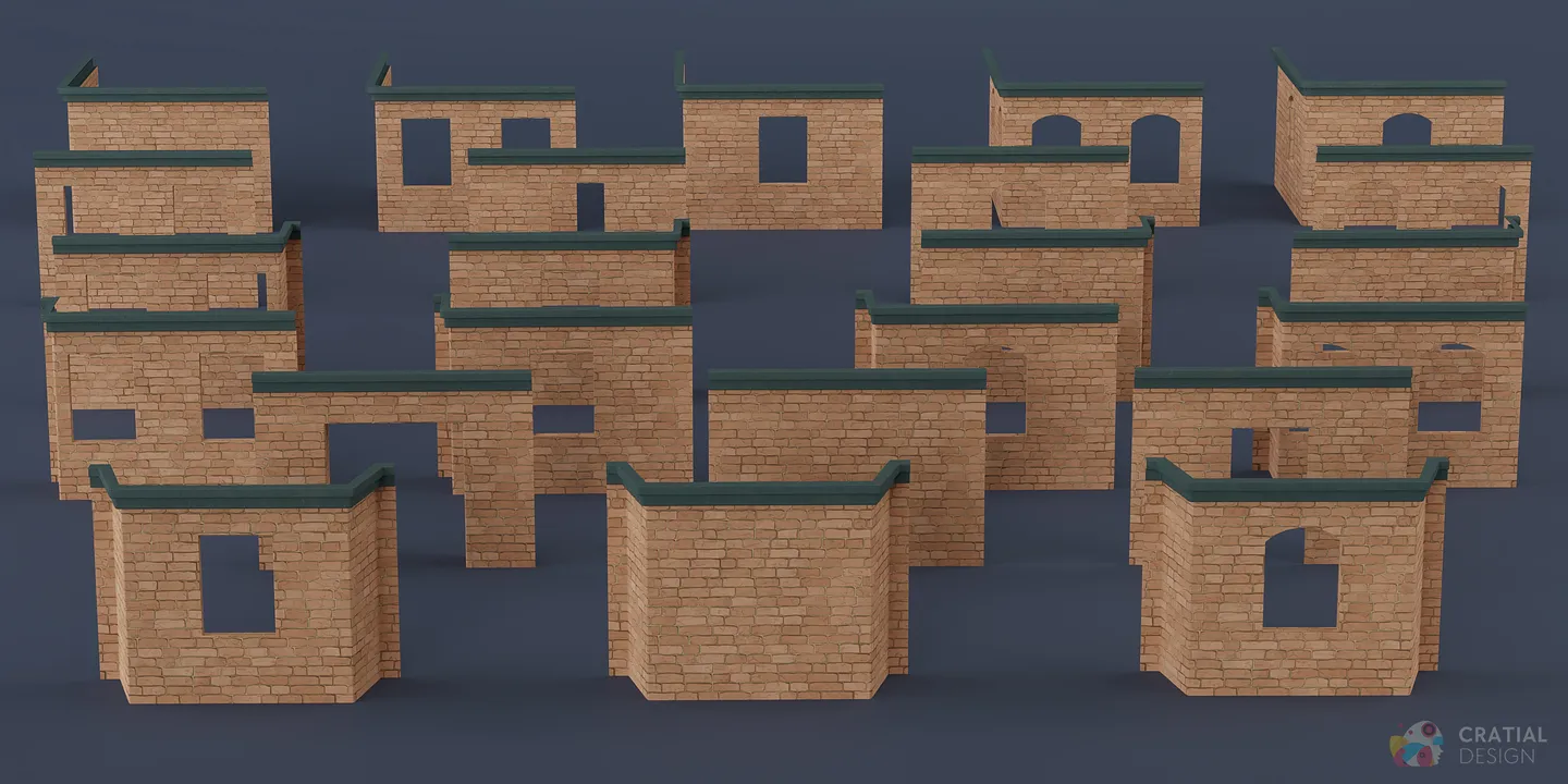 Modular apartment walls shown with a tan brick texture variation.