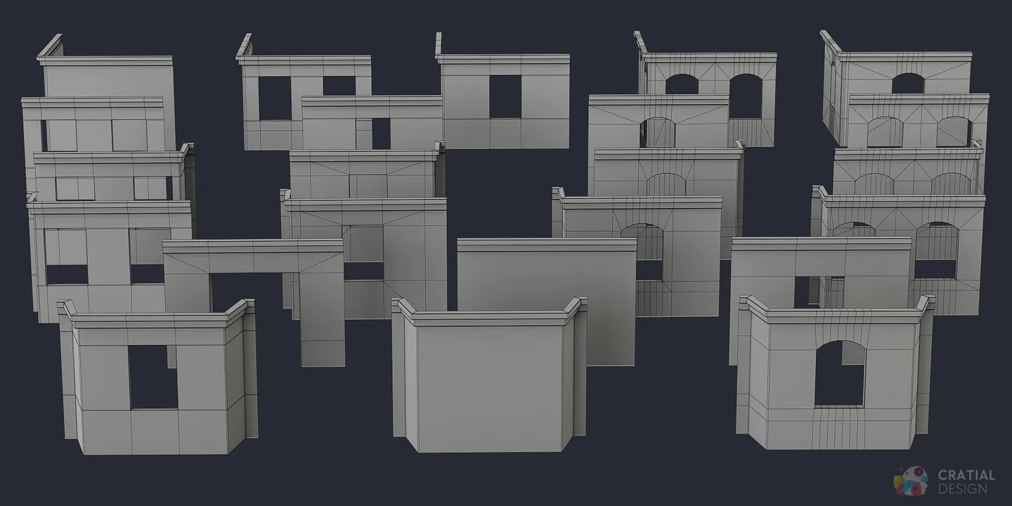 Modular apartment wall pieces shown with wireframe topology.