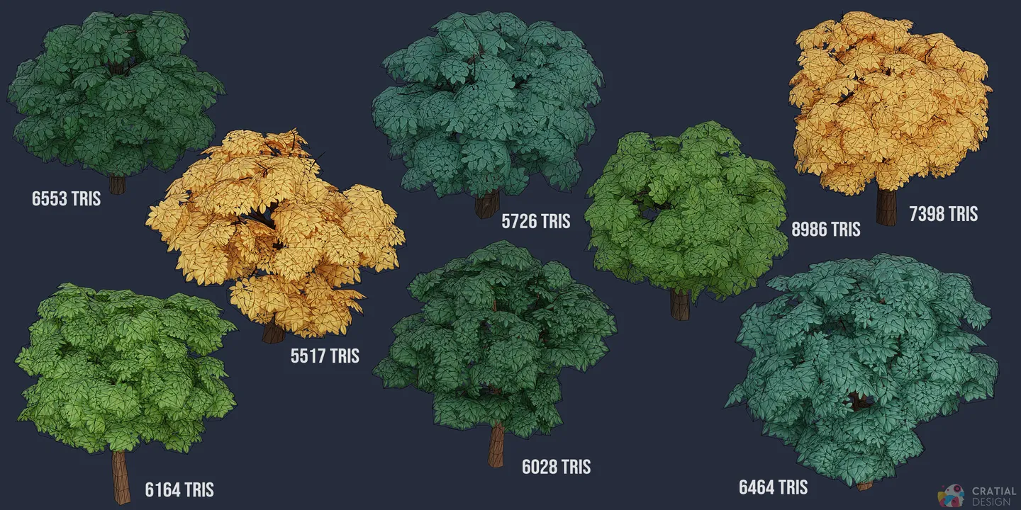 Complete modular stylized tree collection shown with wireframe topology overlays.