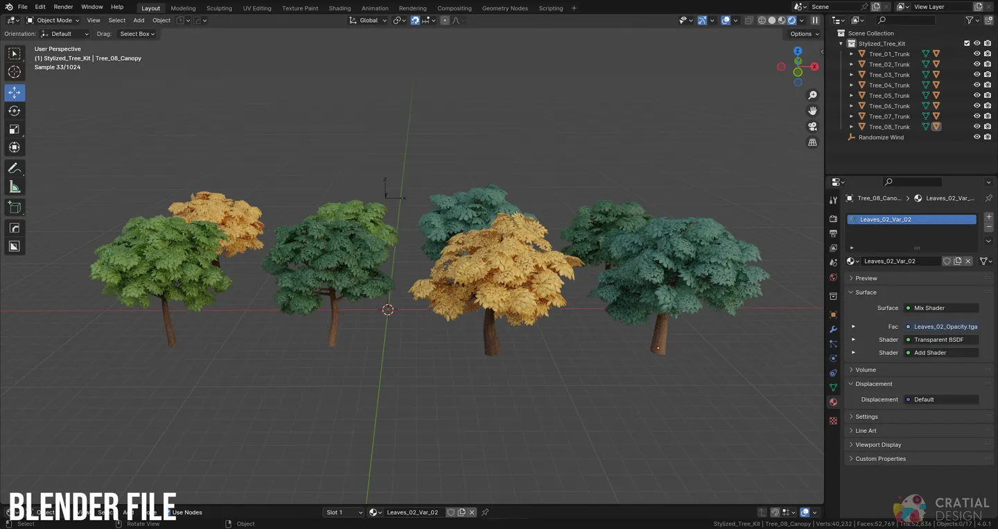 Blender interface showing the modular stylized tree kit.