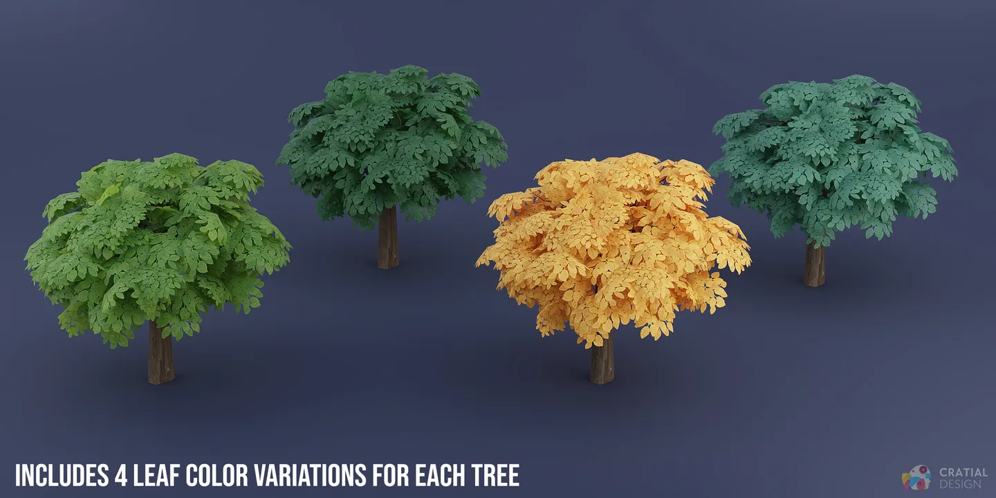 Stylized tree canopies shown with different interchangeable leaf alpha patterns.